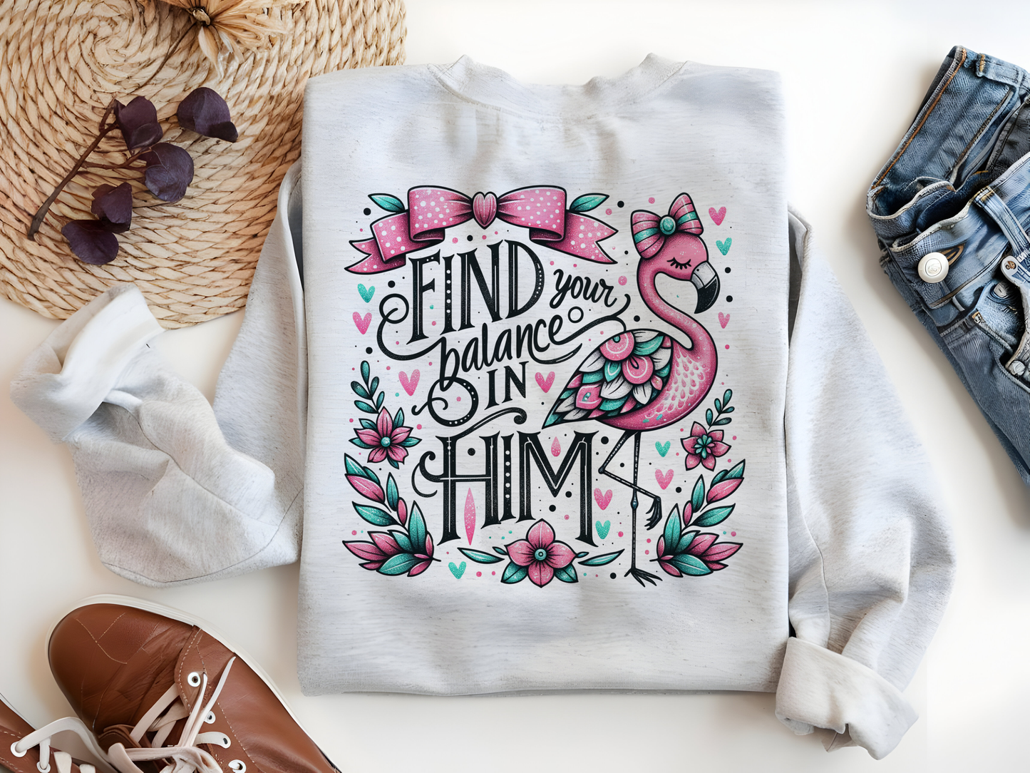 a gray sweatshirt with a pink flamingo design and the text "Find your balance in Him" printed on it. The sweatshirt is laid out on a white surface, along with some other clothing items and decorative elements such as flowers and a woven mat.