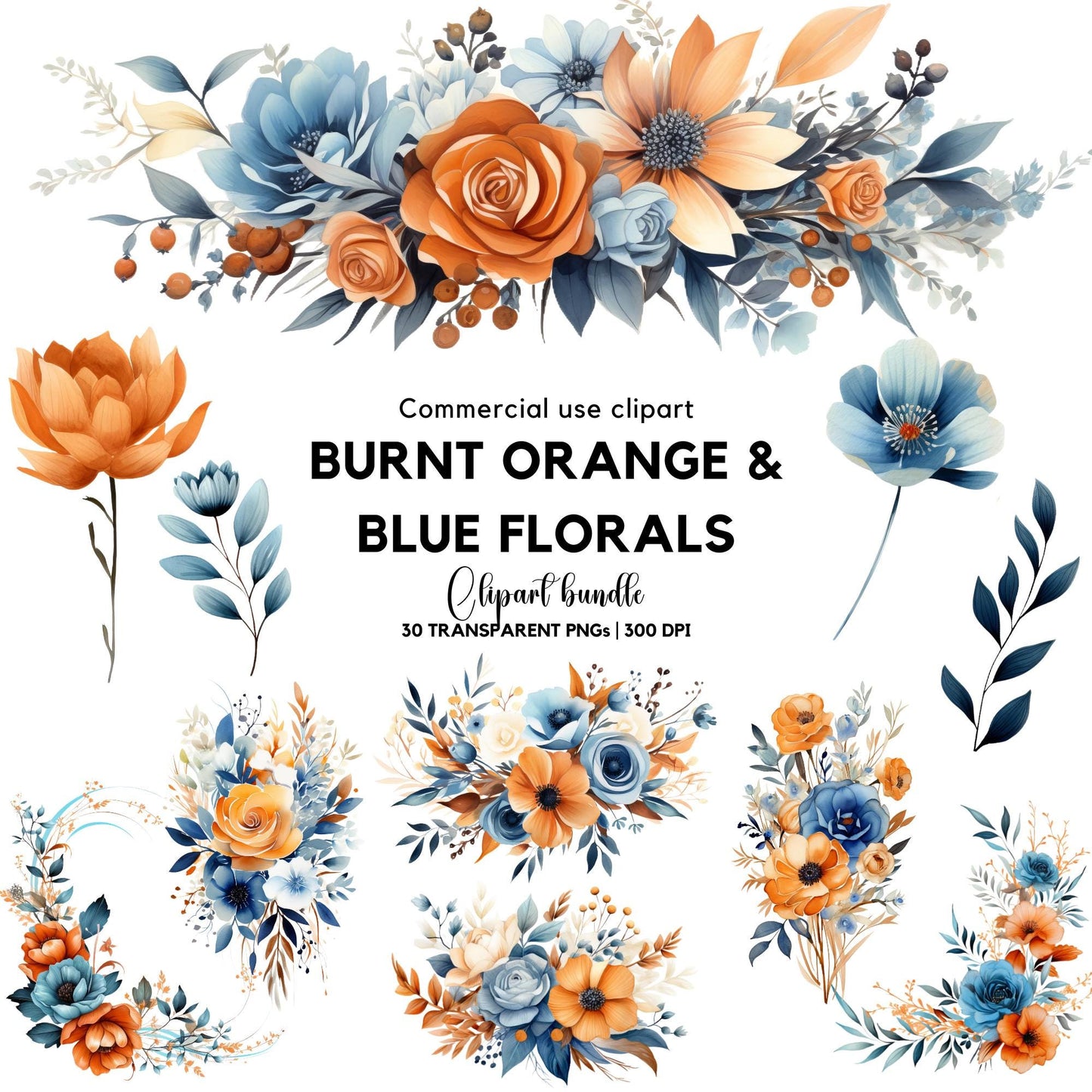 Burnt Orange and Blue Floral clipart