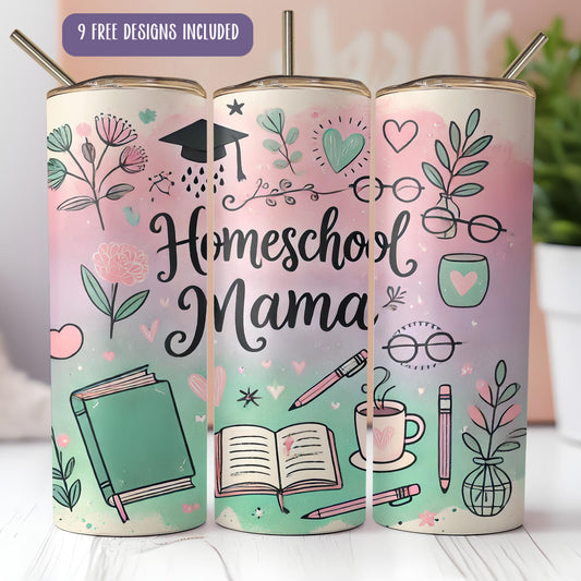 three personalized tumbles with the words homeschool mama on them