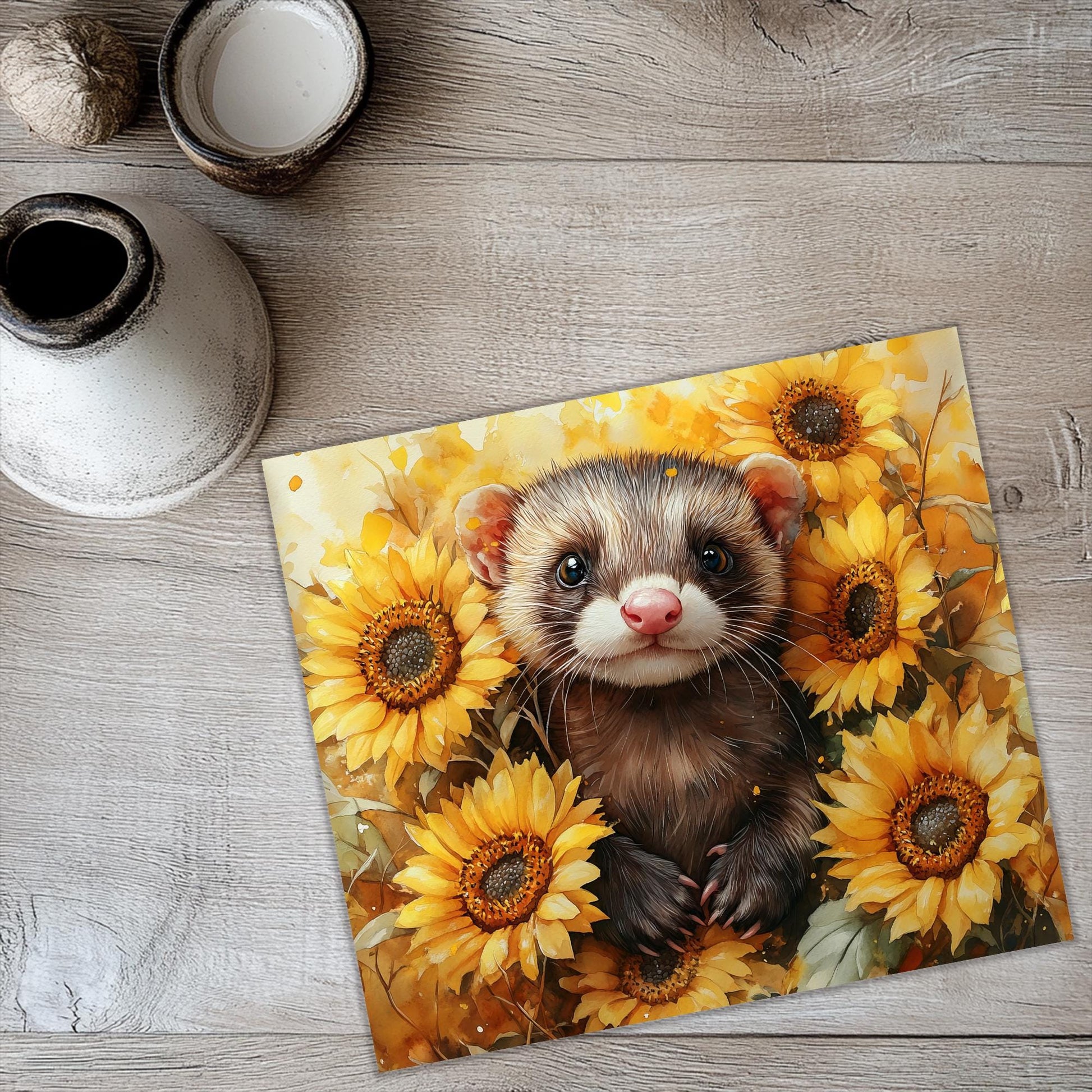 a painting of a ferret surrounded by sunflowers