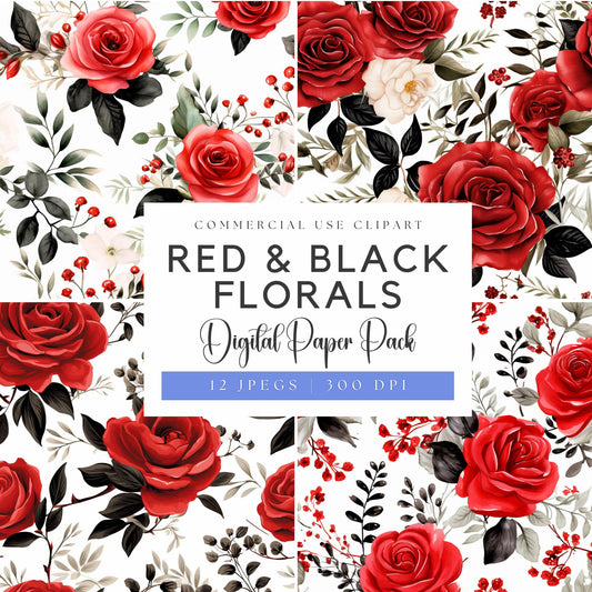Watercolor Red & Black Floral Digital Papers
