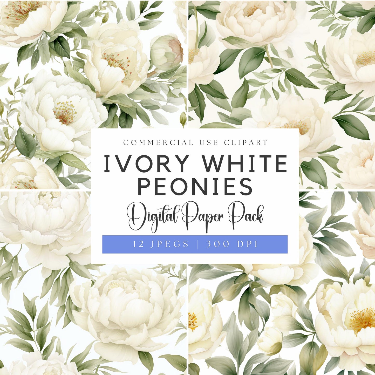 Papeles digitales de peonía en acuarela color blanco marfil