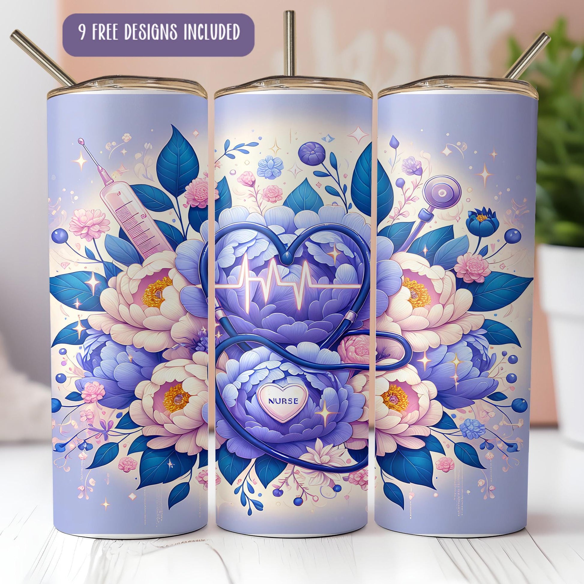 a set of three personalized tumbles with flowers and a heart