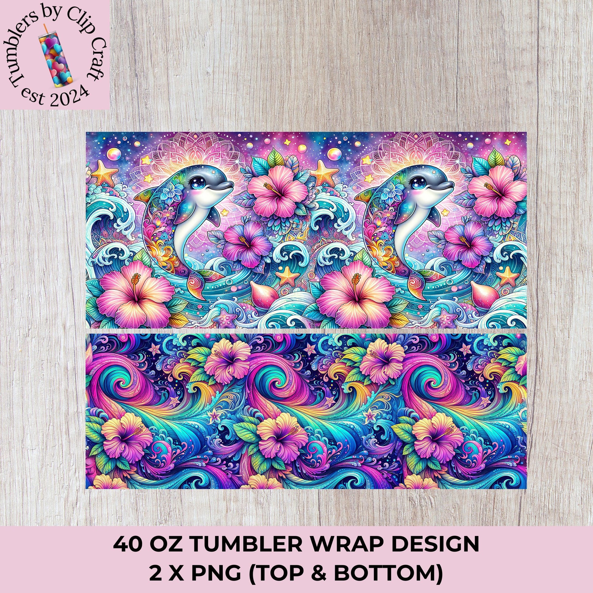 a painting of a dolphin and flowers on a wooden background
