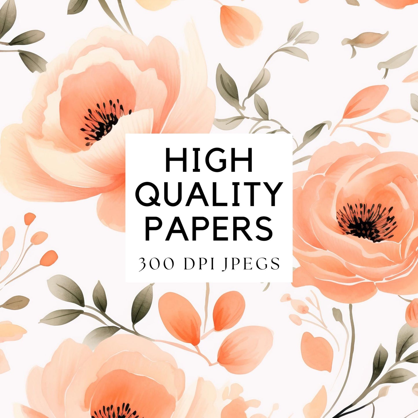 Watercolor Peach Floral Digital Papers