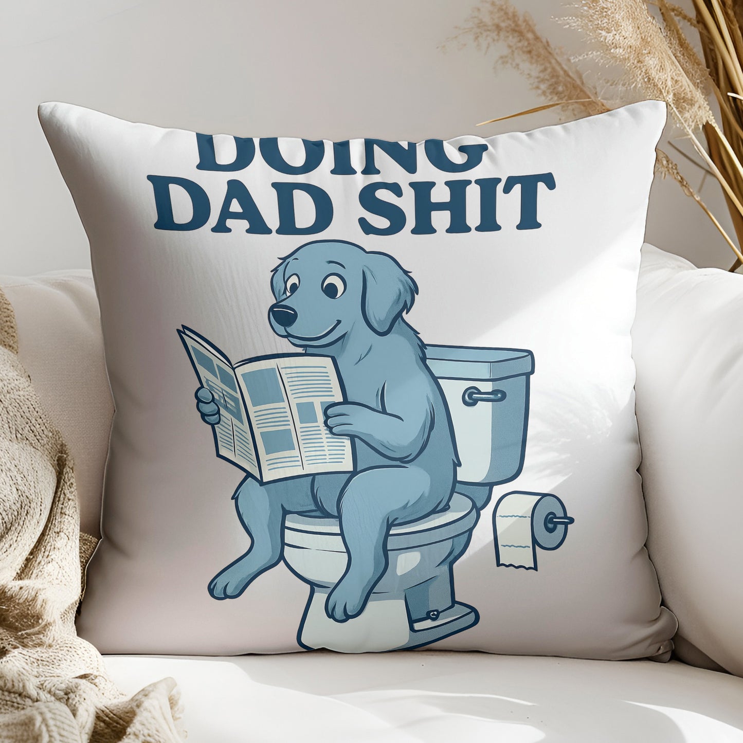 a blue dog sitting on top of a toilet reading a newspaper