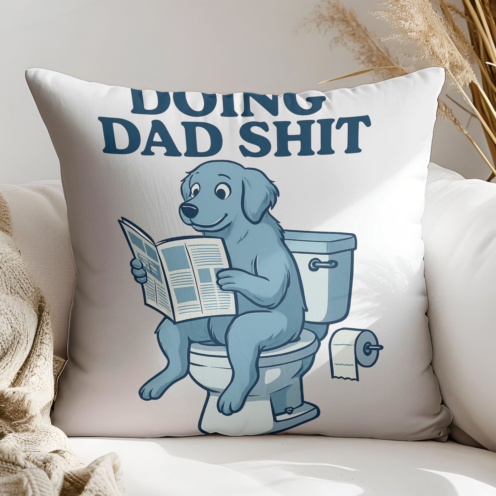 a blue dog sitting on top of a toilet reading a newspaper