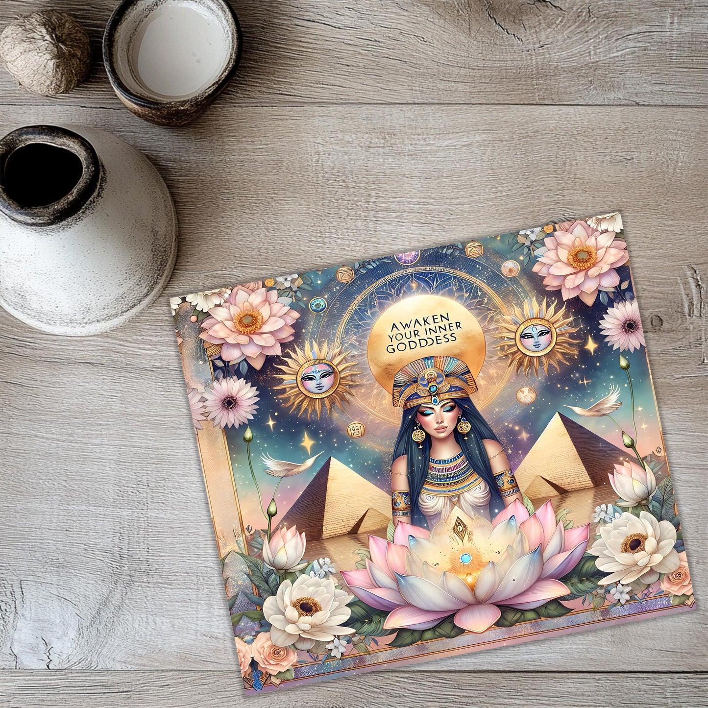 a picture of an egyptian goddess surrounded by flowers