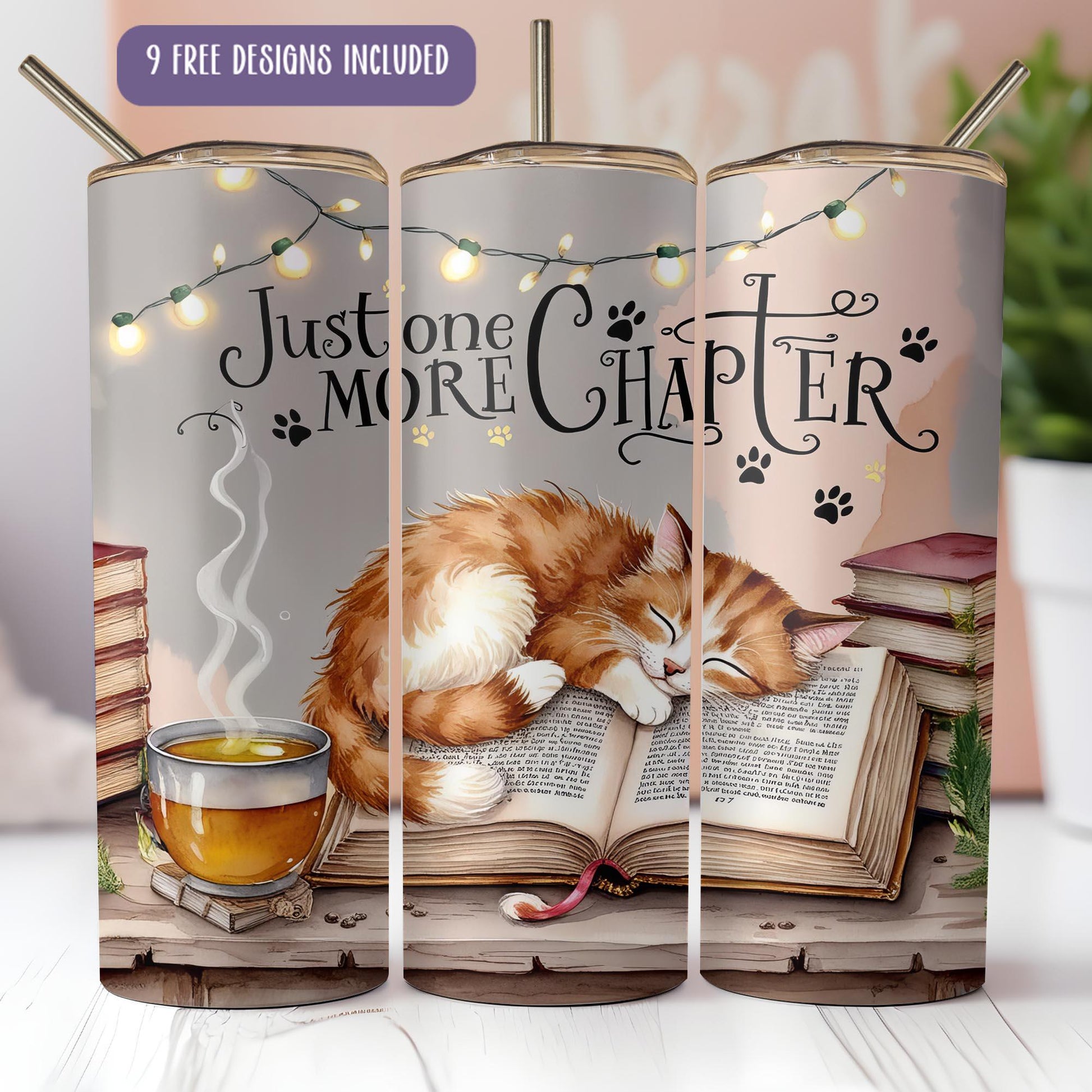 a picture of a cat reading a book with a cup of tea