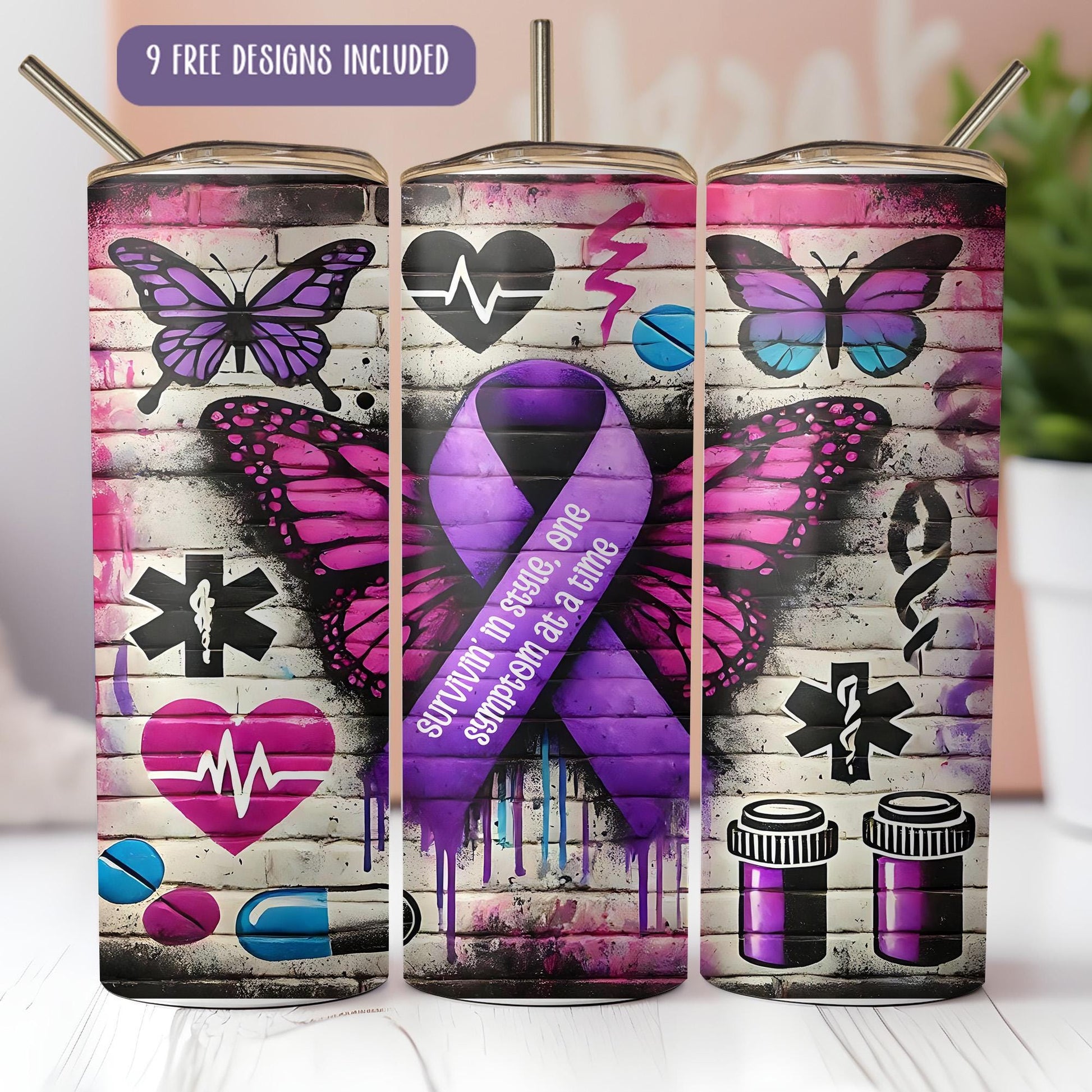a couple of cans with a purple ribbon on them