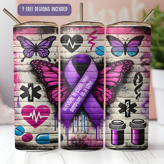 a couple of cans with a purple ribbon on them
