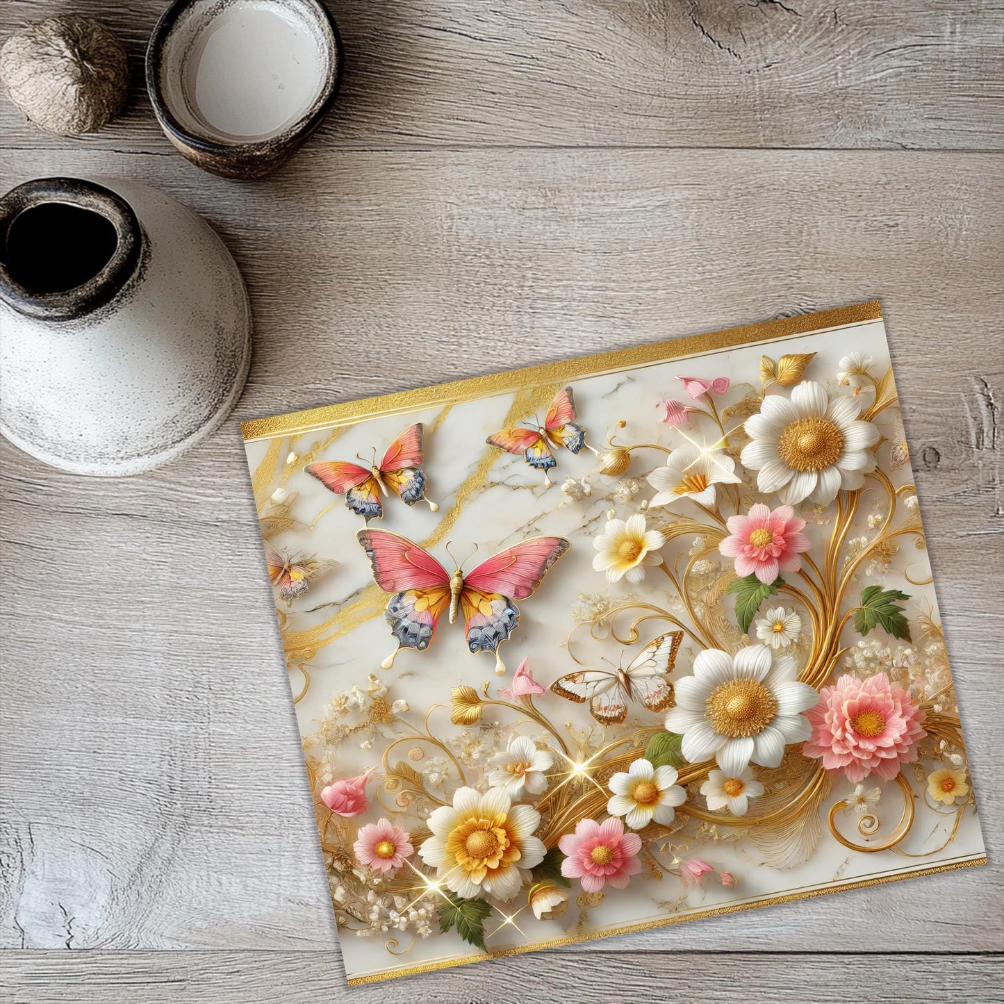 a card with flowers and butterflies on it