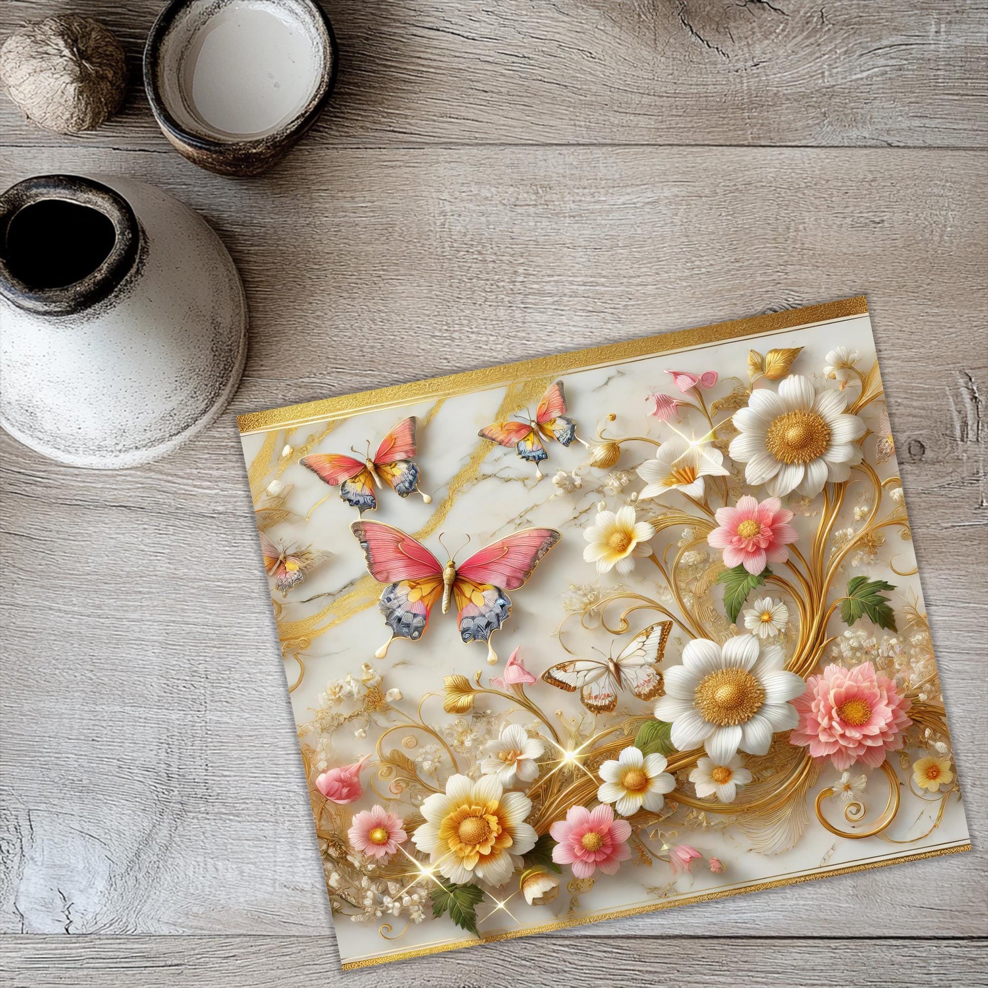 a card with flowers and butterflies on it