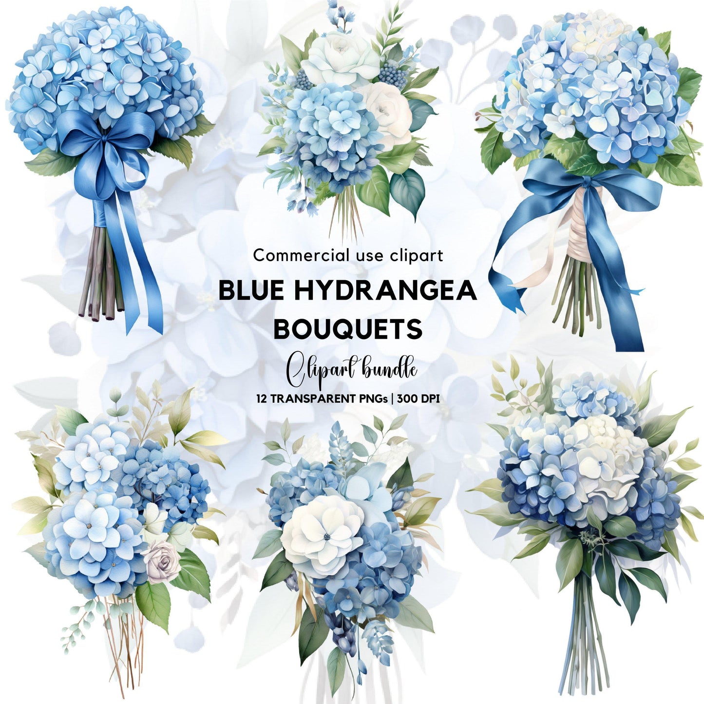Clipart de ramo de hortensias azules en acuarela