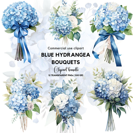 Clipart de ramo de hortensias azules en acuarela