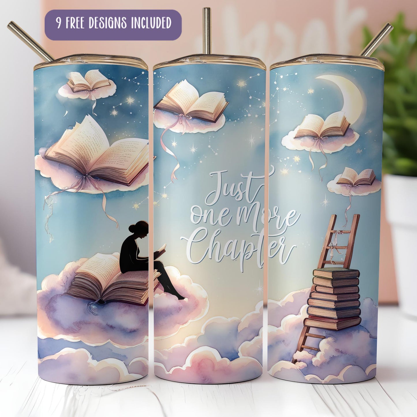 a set of three travel mugs with a girl sitting on top of a book