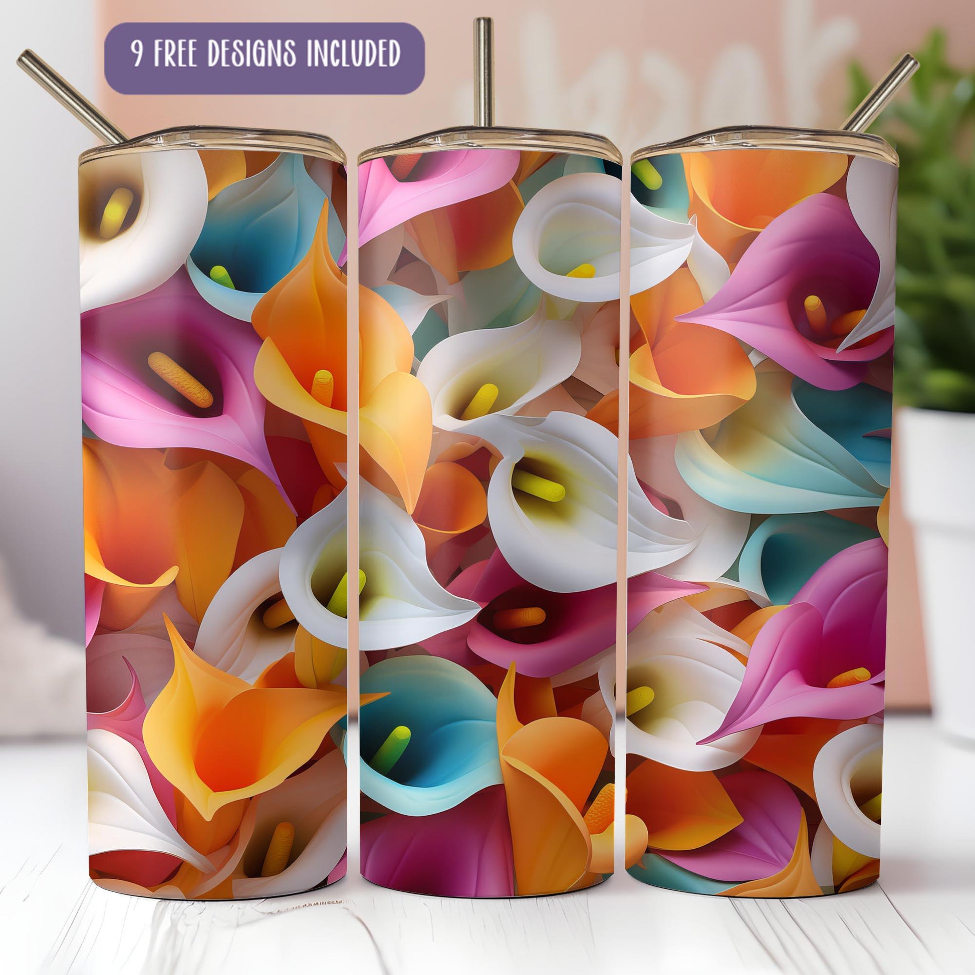 a set of three colorful flower vases sitting on top of a table