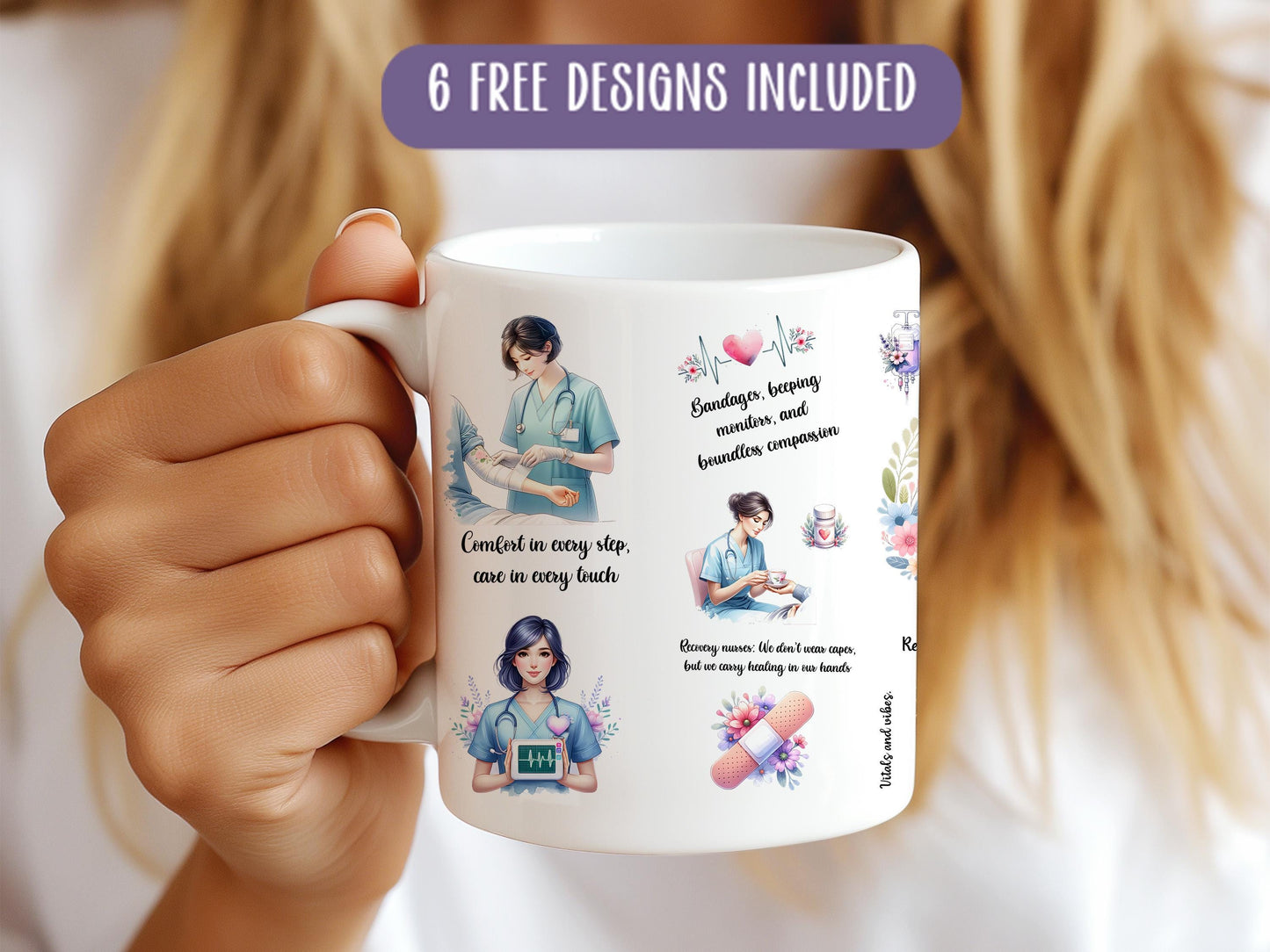 a woman holding a coffee mug with a picture on it