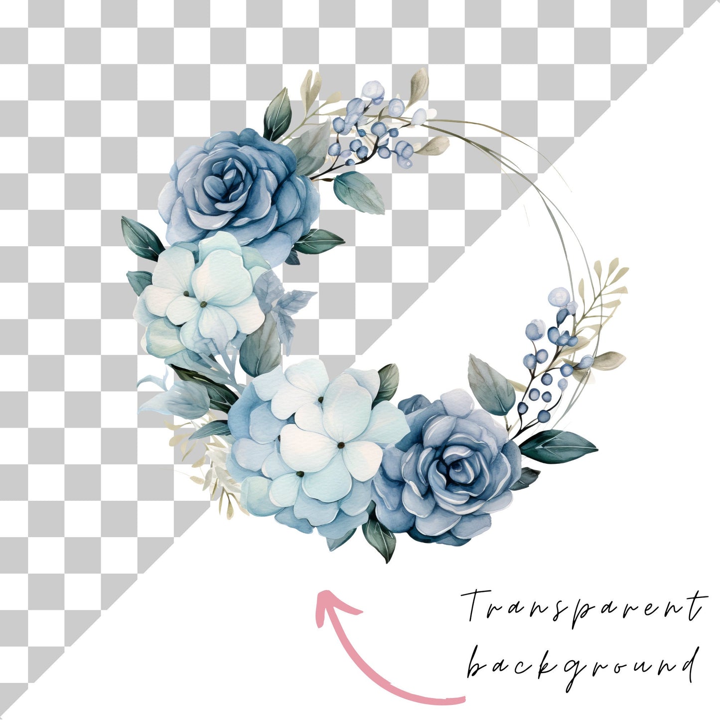 Watercolor Dusty Blue Hydrangea and Rose Floral Clipart