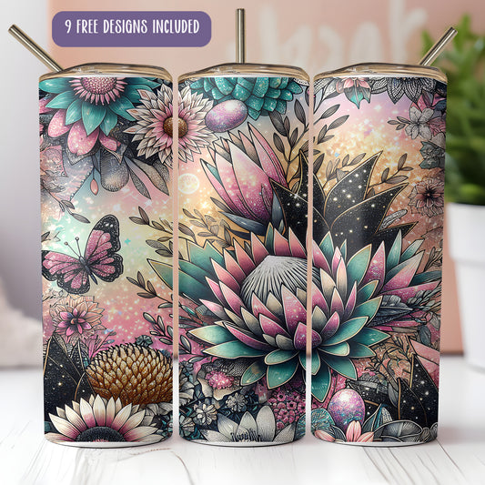 a set of three floral design tumblers with a butterfly on it