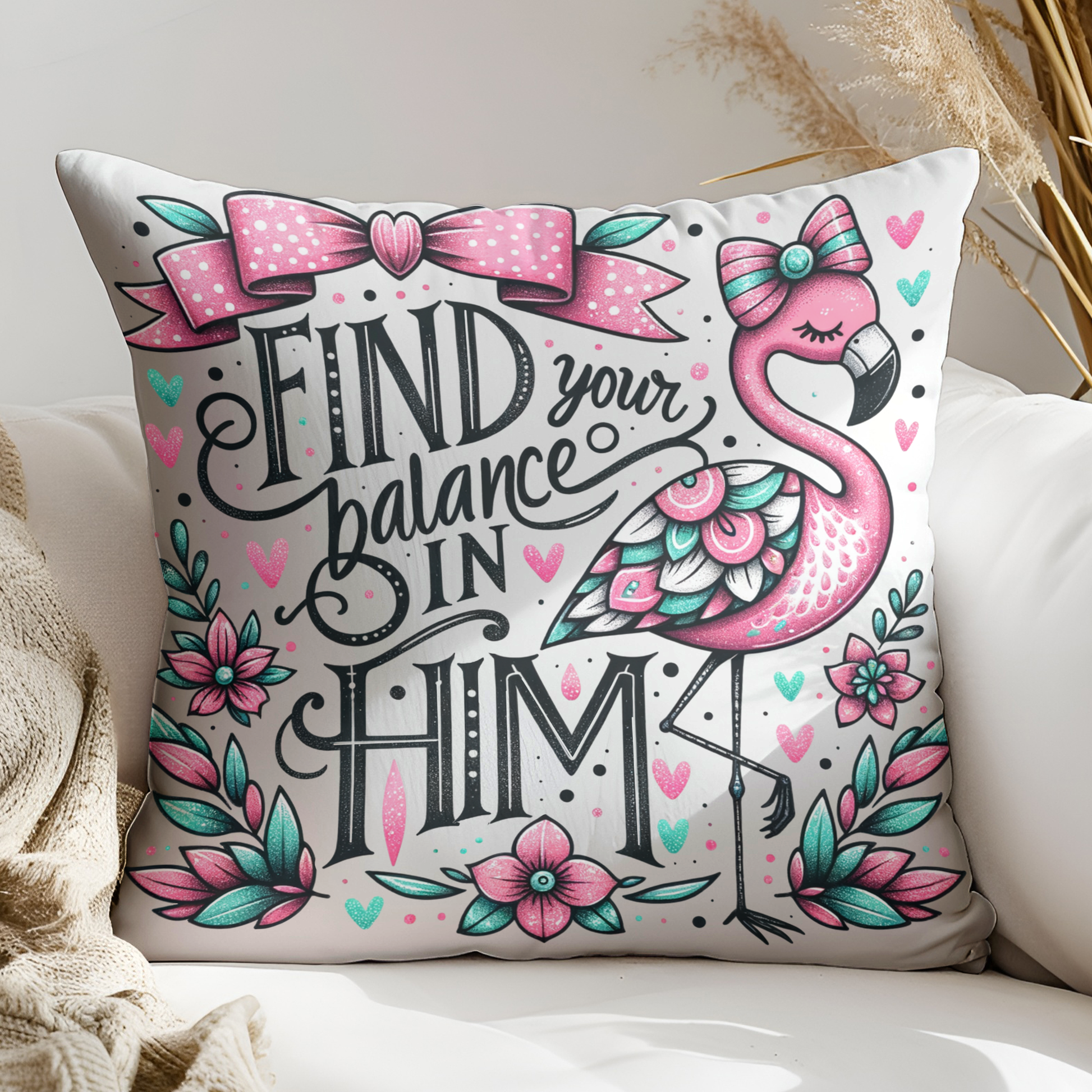 A decorative throw pillow with a pink flamingo and floral designs, along with the text "Find your balance in Him" and a bow.