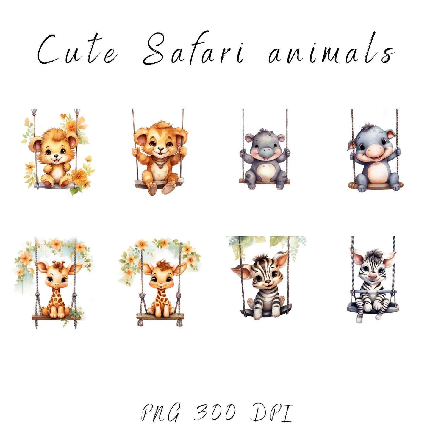 Watercolor Safari Animals on Swings Clipart