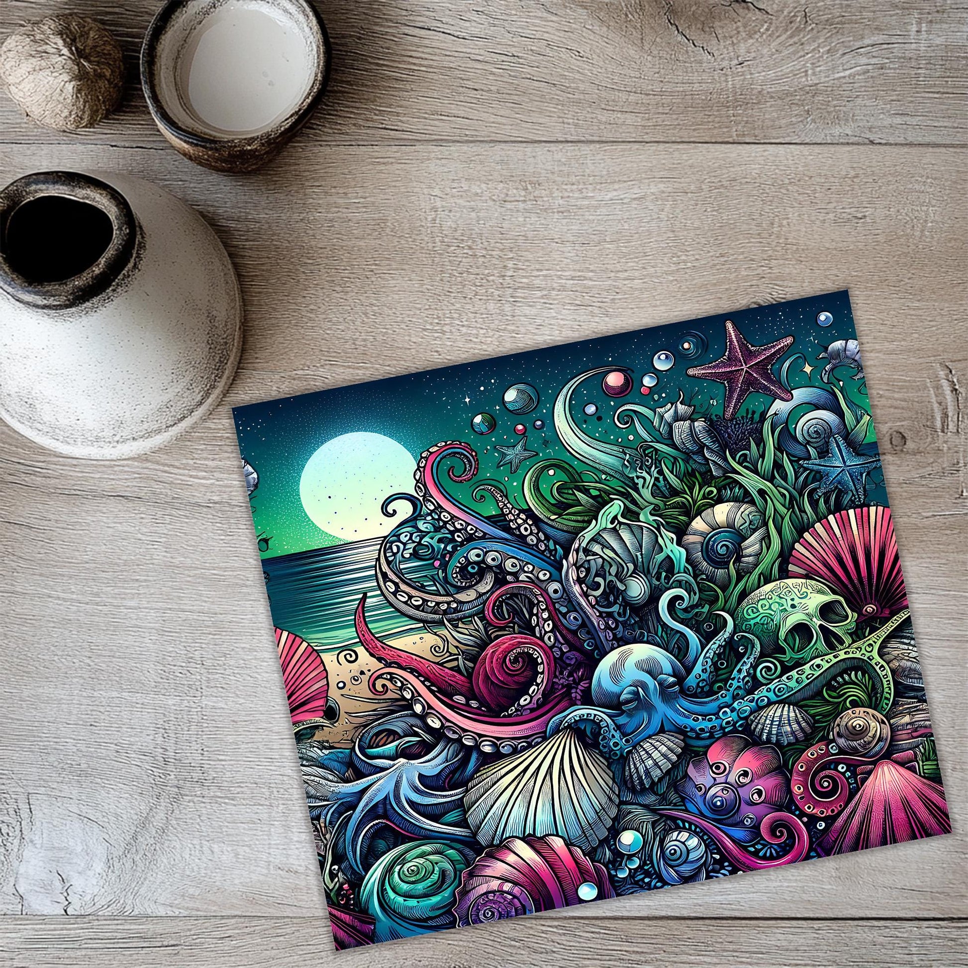 a painting of an octopus and starfish on a table