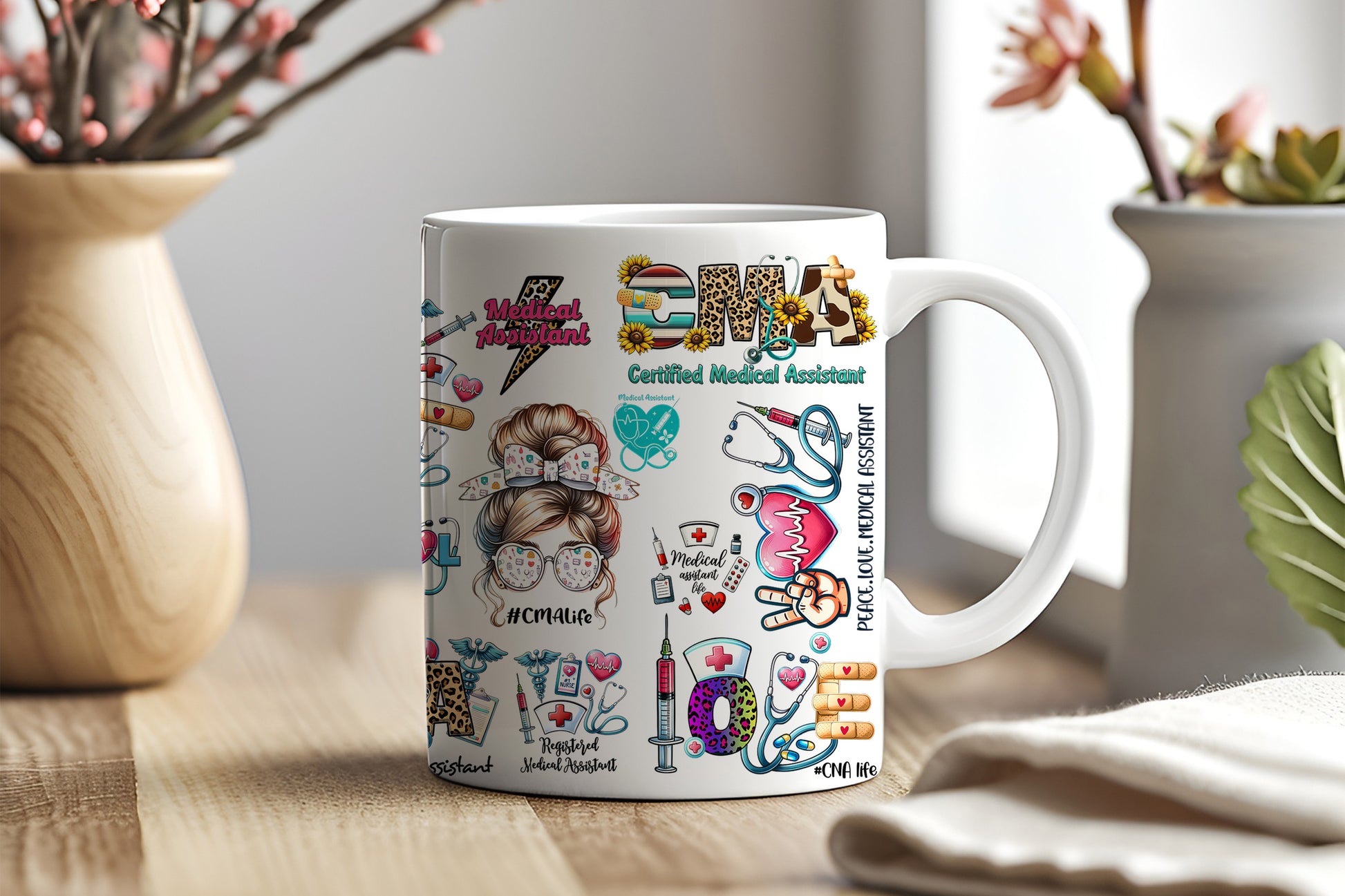a coffee mug with a variety of stickers on it