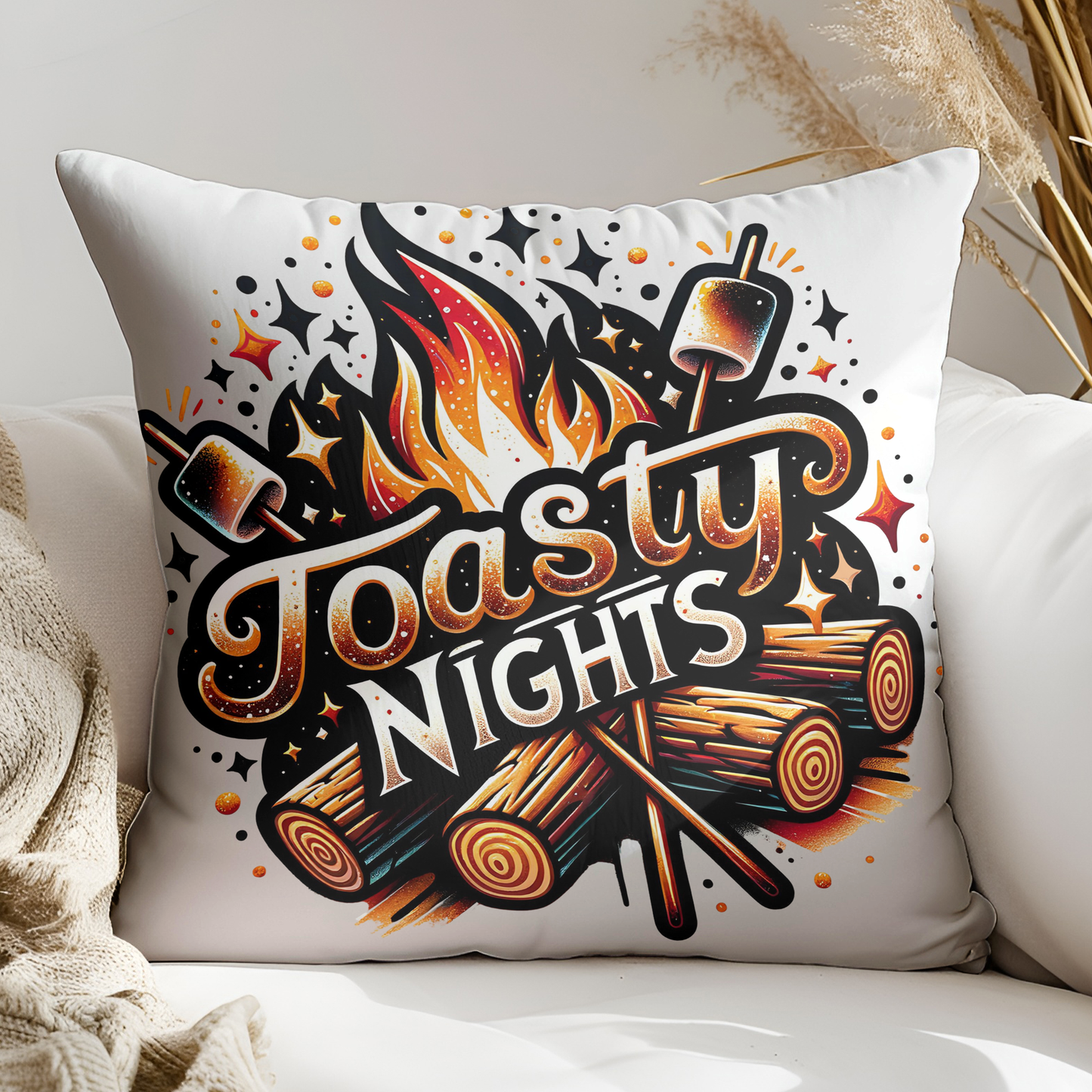 a white pillow with a picture of a campfire and the words toasty nights