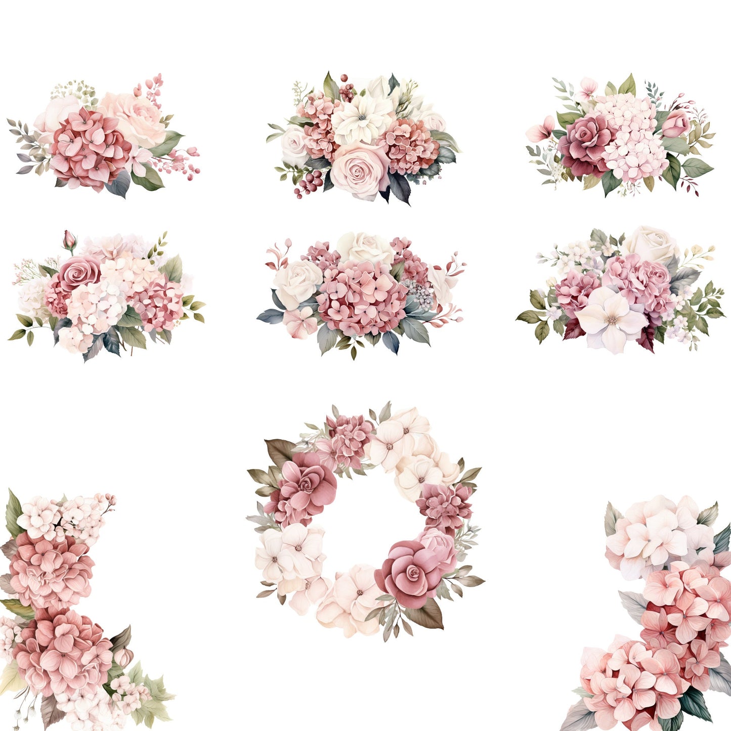 Watercolor Dusty Pink Hydrangea and Rose Floral Clipart