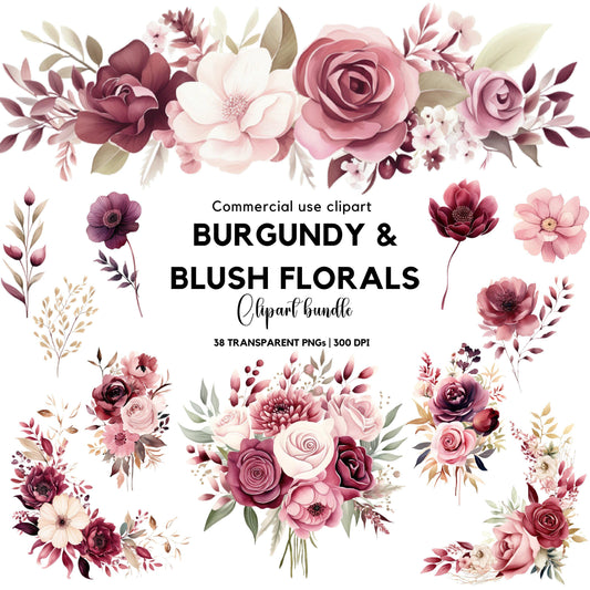 Paquete de imágenes prediseñadas florales en tonos burdeos y ruborizados