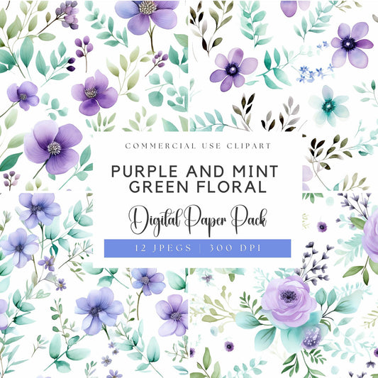 Purple and Mint Green Floral Digital Papers