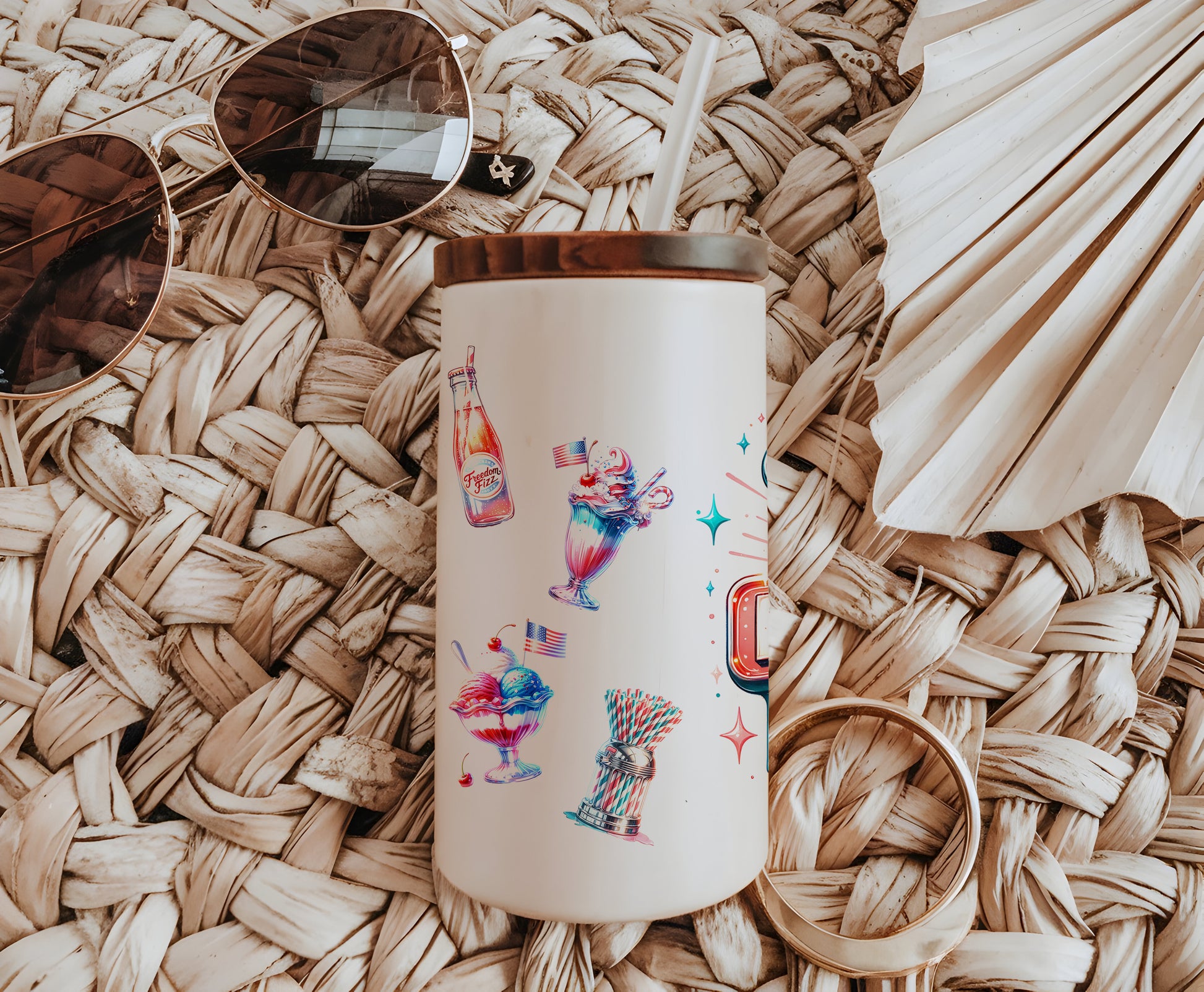 a white coffee cup sitting on top of a woven mat