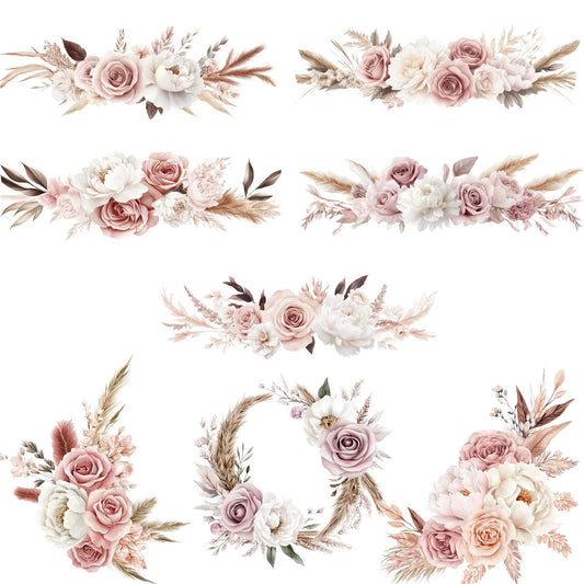 Clipart de pampas florales rosas en acuarela