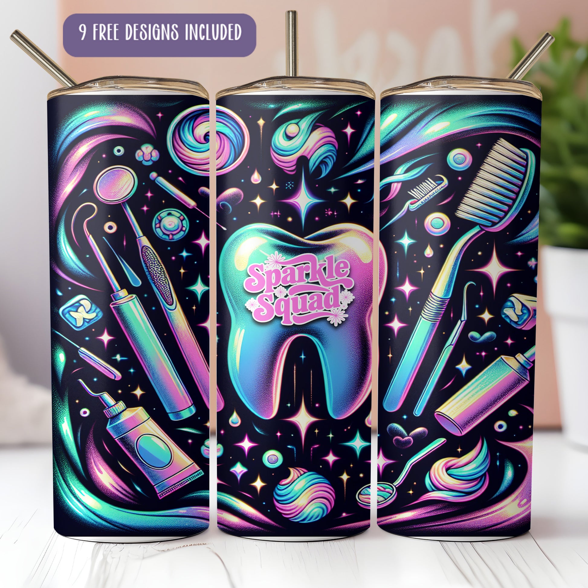 A colorful and whimsical design featuring a toothbrush, toothpaste, and other dental-themed items against a starry night sky background.