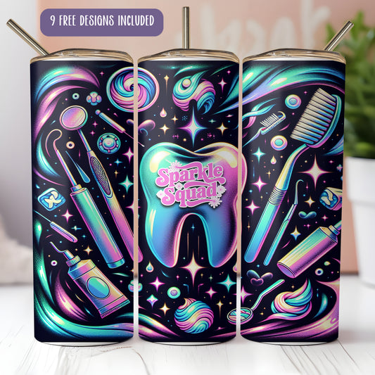 A colorful and whimsical design featuring a toothbrush, toothpaste, and other dental-themed items against a starry night sky background.