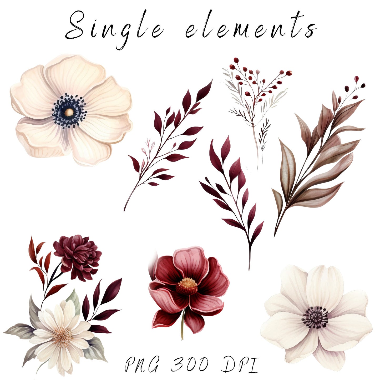 Clipart floral burdeos y blanco