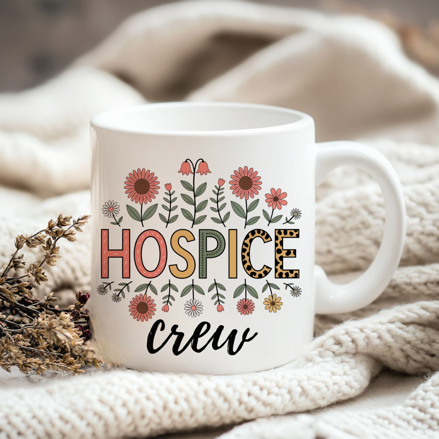 a coffee mug with the words, hospice crew on it