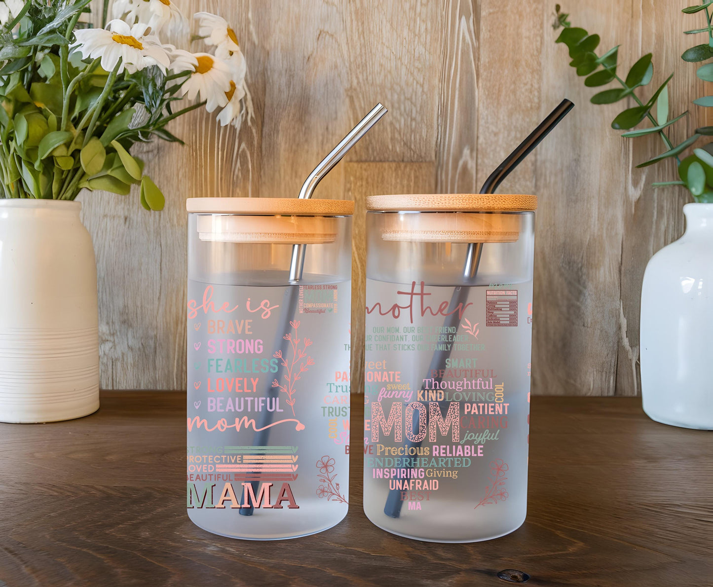 a couple of cups sitting on top of a wooden table