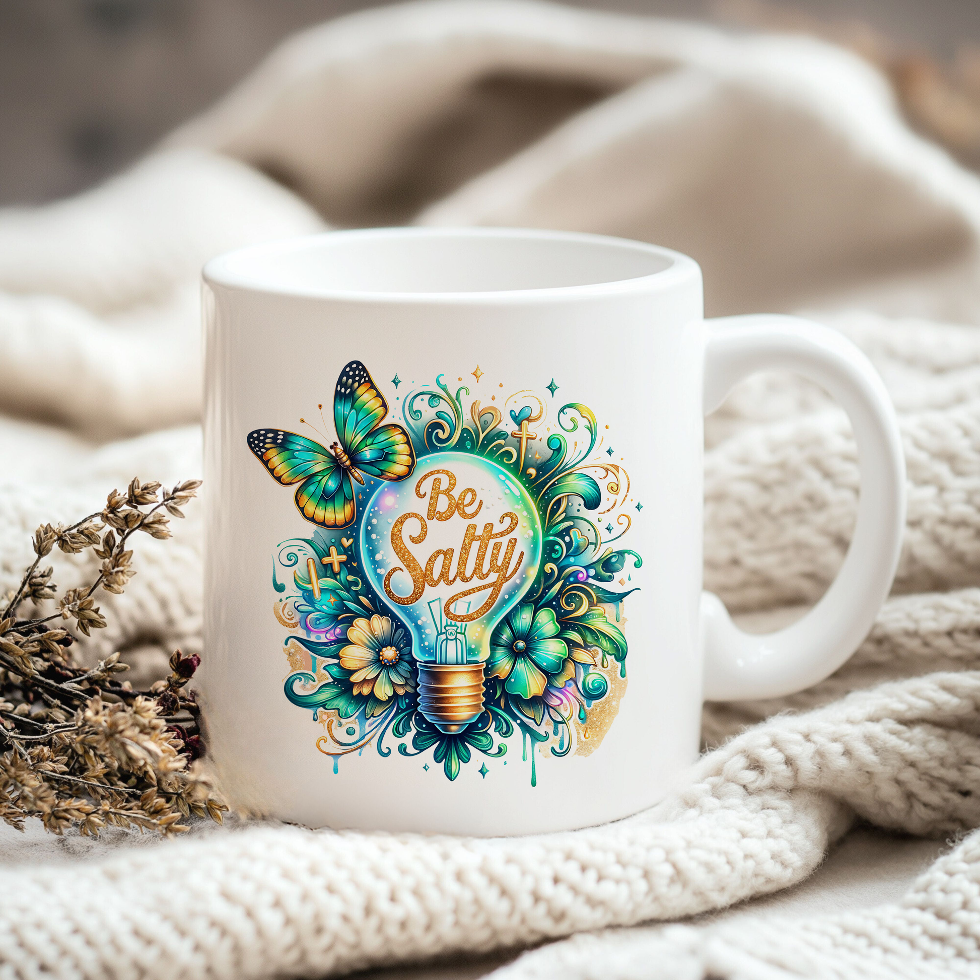 a white coffee mug with a butterfly on it