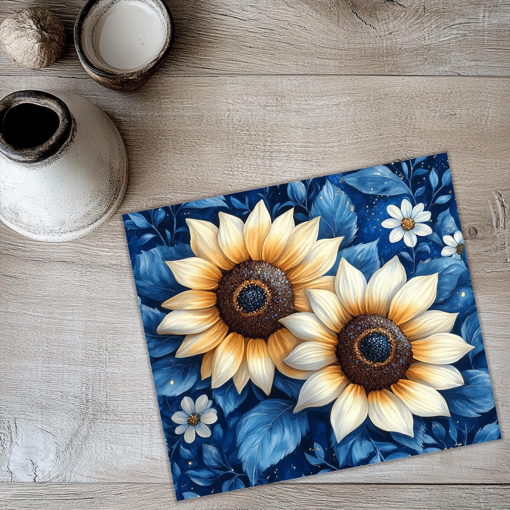 a painting of two sunflowers on a blue background