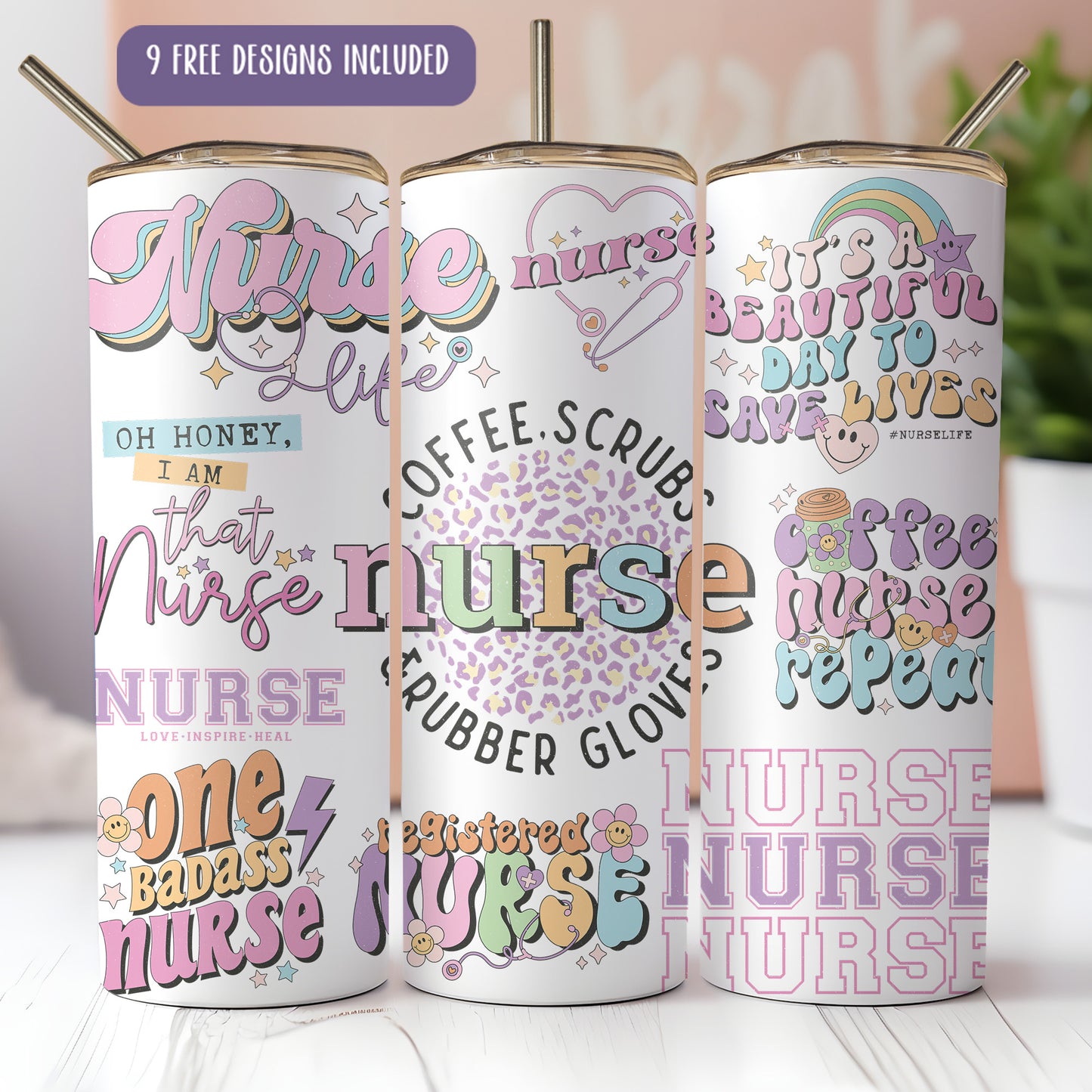 three personalized coffee cups with the words nurse, nurse, nurse, nurse,