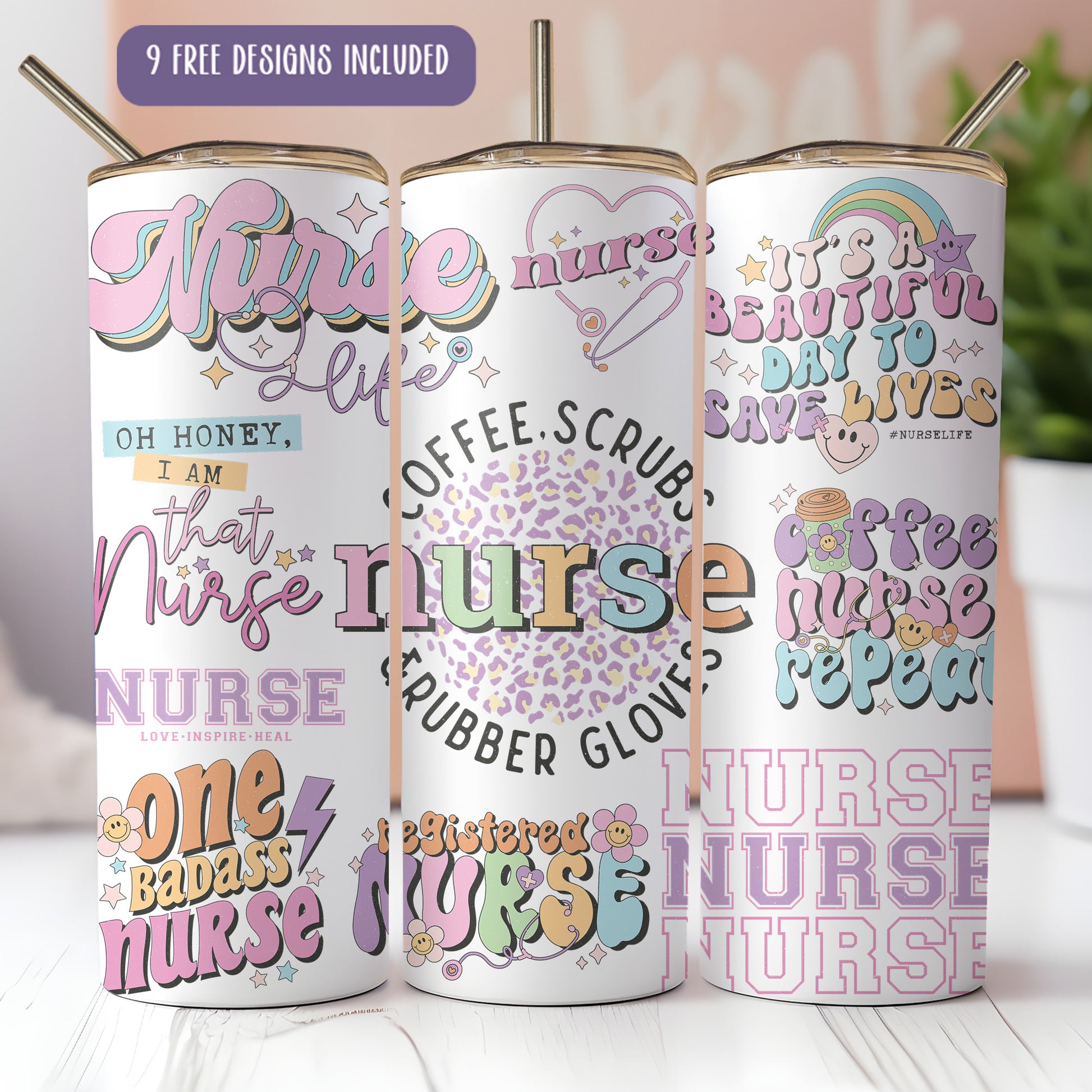 three personalized coffee cups with the words nurse, nurse, nurse, nurse,