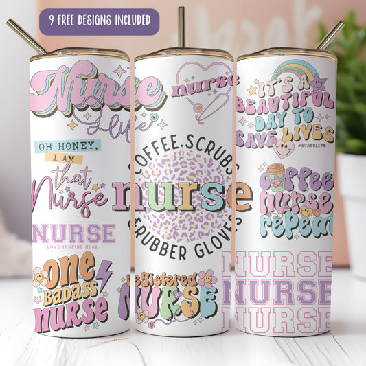 three personalized coffee cups with the words nurse, nurse, nurse, nurse,