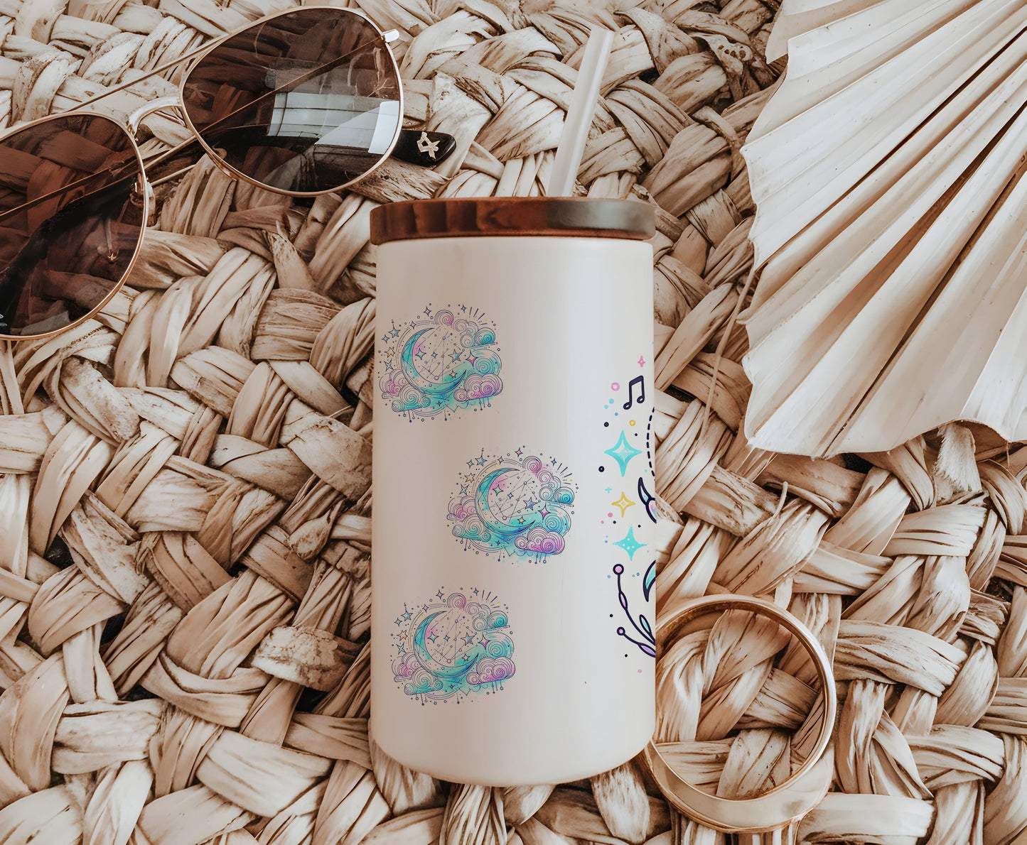 a white coffee cup sitting on top of a woven mat