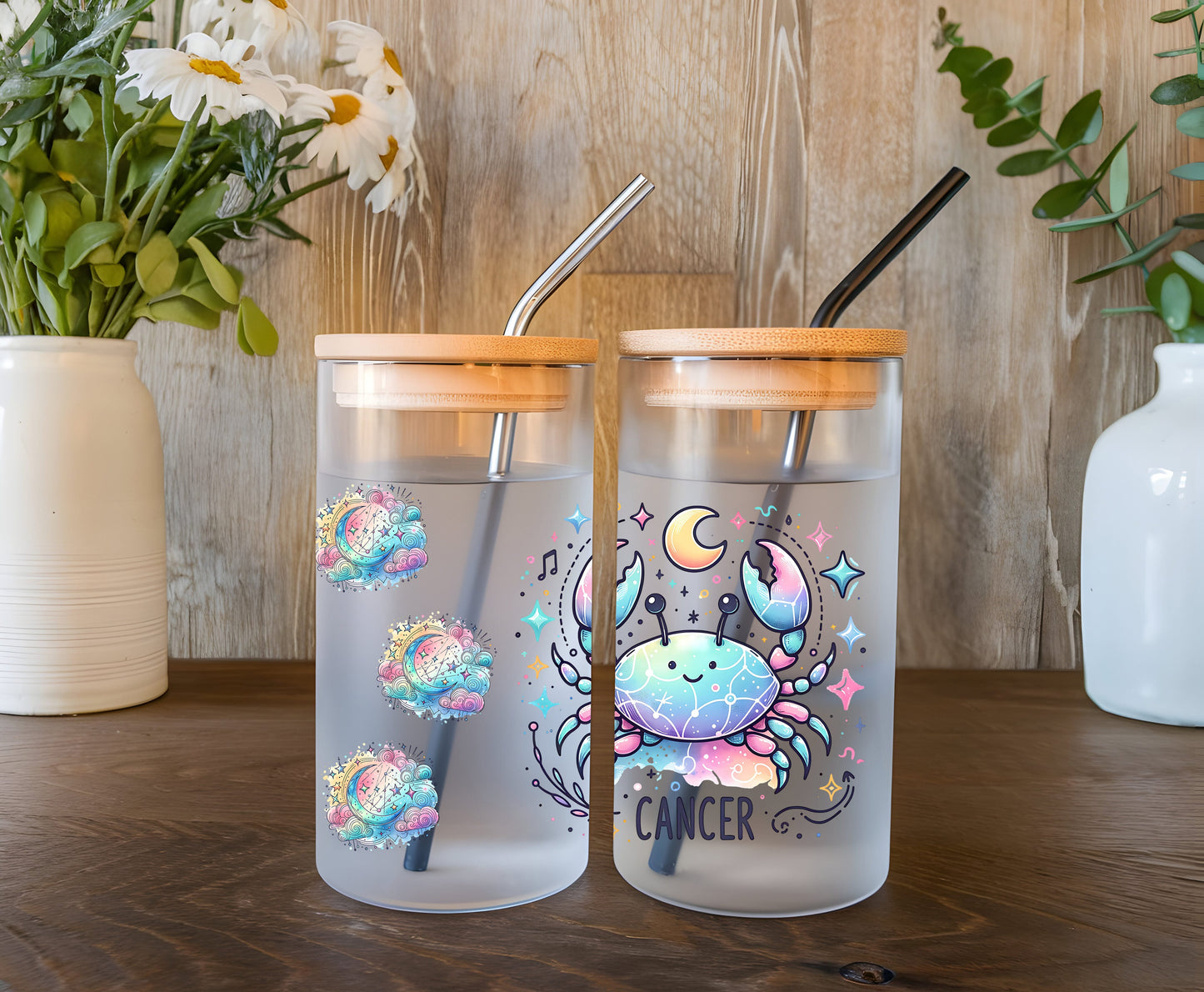 a couple of cups sitting on top of a wooden table
