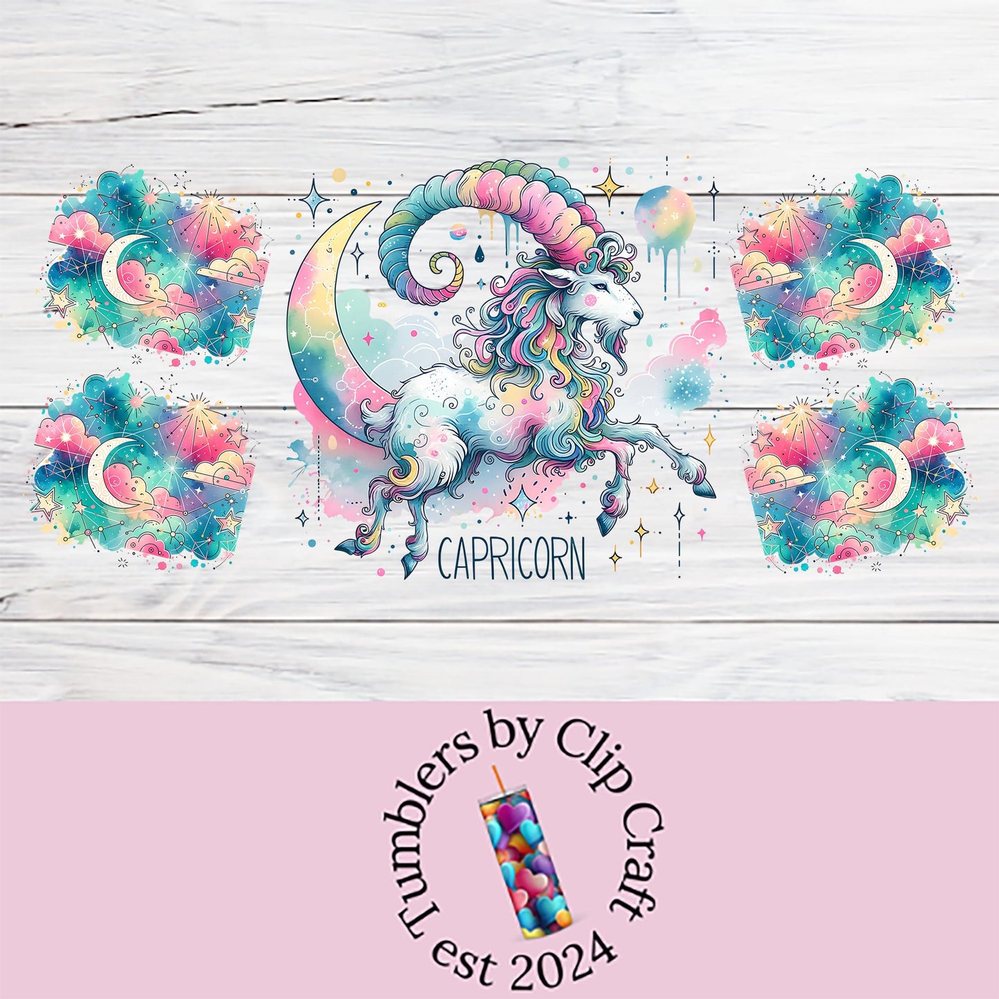 a wooden background with a unicorn and stars on it