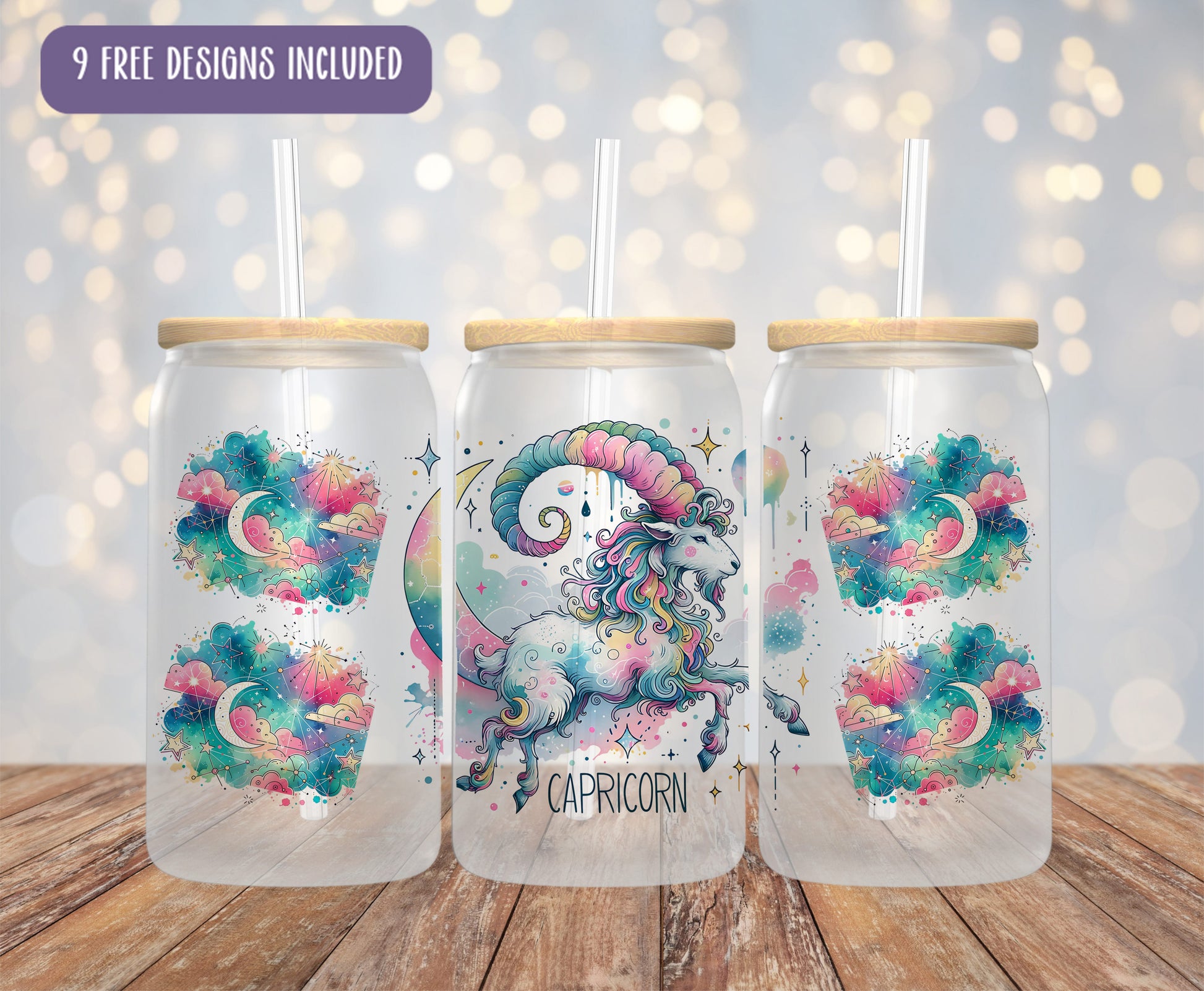 three glass cups with unicorns on them sitting on a table