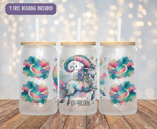 three glass cups with unicorns on them sitting on a table