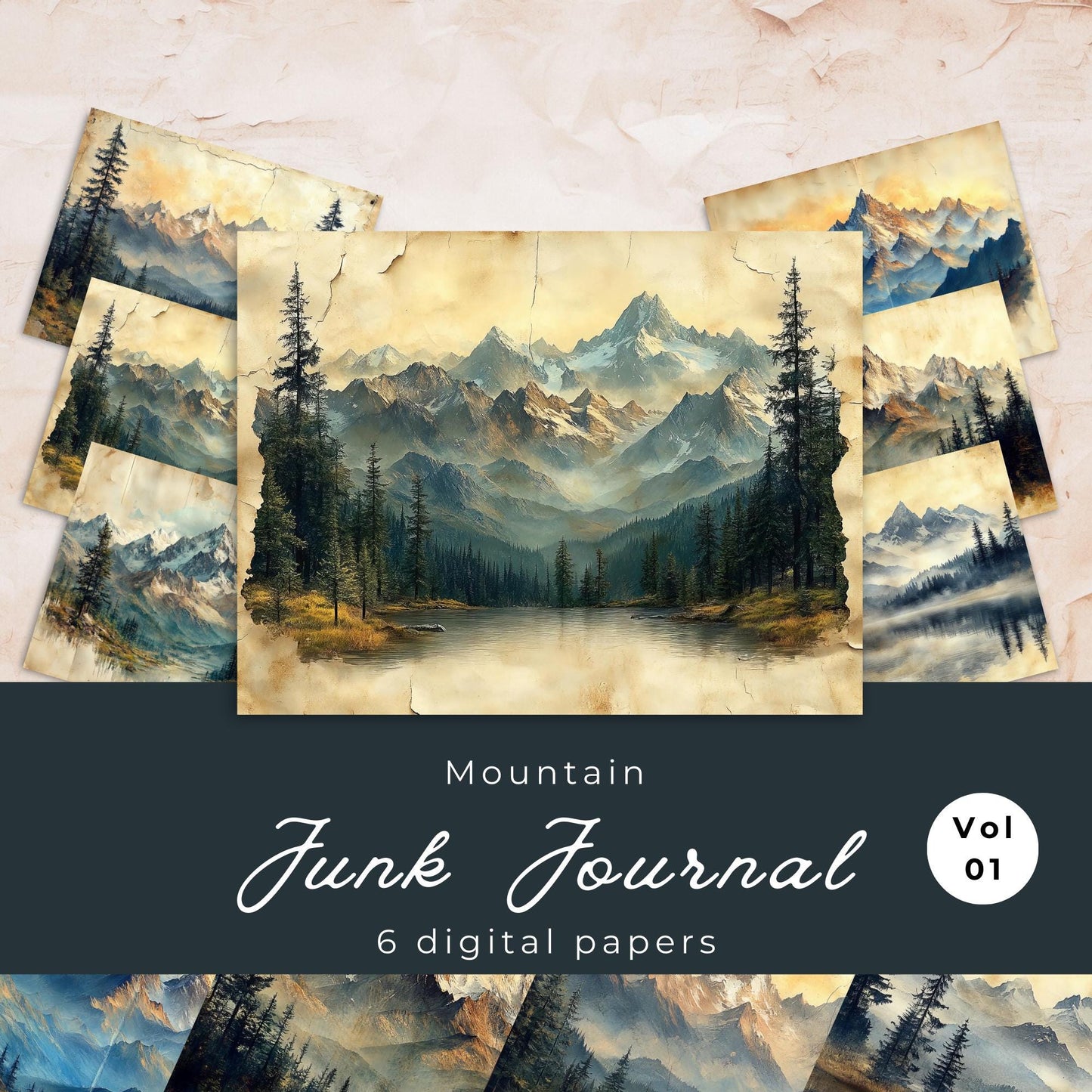 Páginas imprimibles para álbumes de recortes con diseño de montañas de acuarela